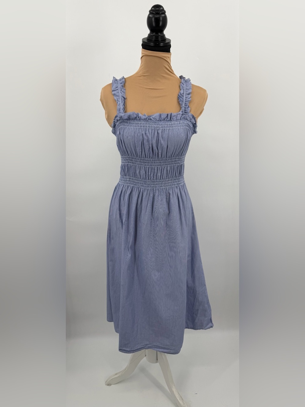 Cotton blue striped Smocked Ruffle Strap Midi Dress XS cottagecore coastal - Picture 2 of 12